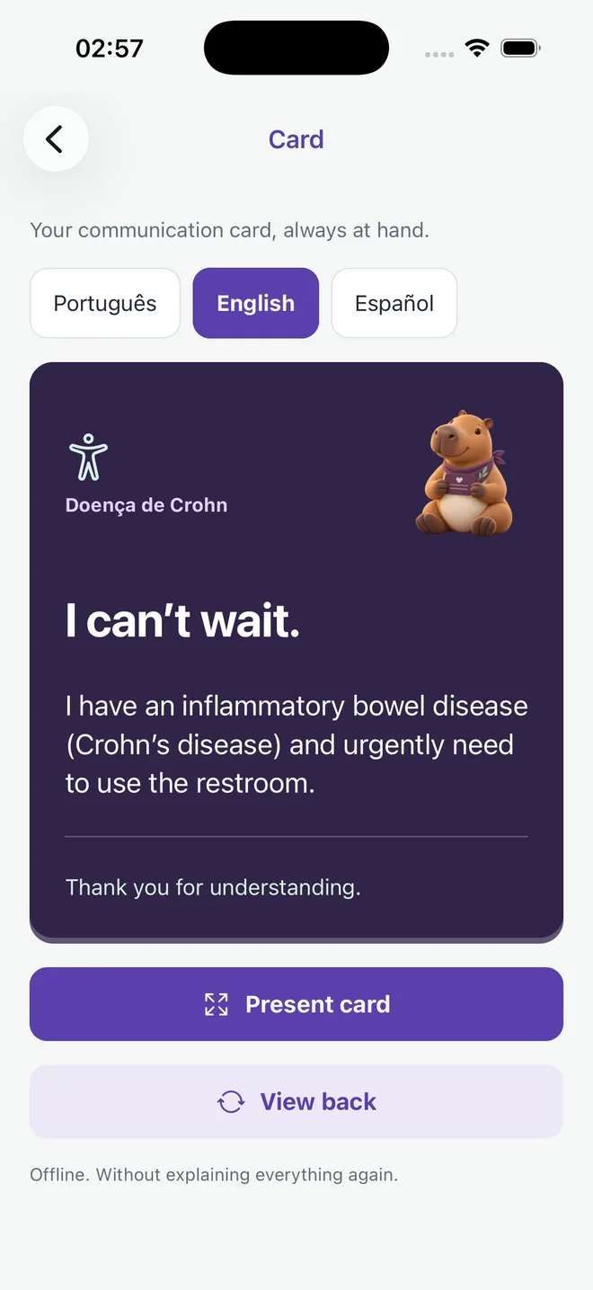Crohn communication card with no personal identification