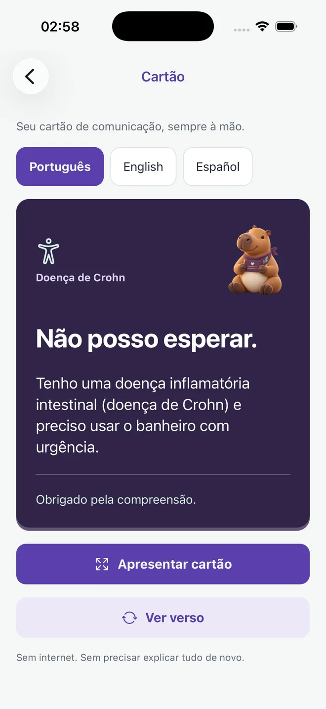 Cartão de comunicação de Crohn, exemplo sem identificação pessoal
