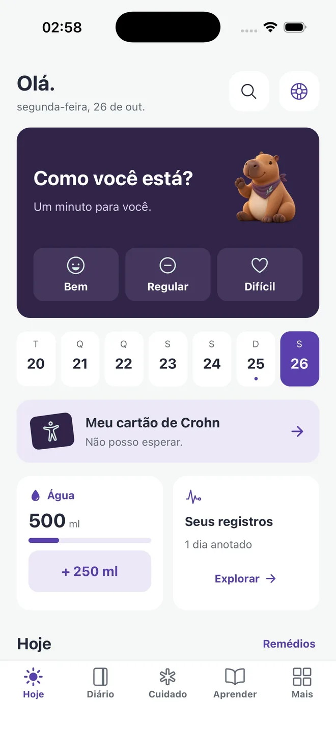 Tela Hoje do aplicativo Doença de Crohn em português